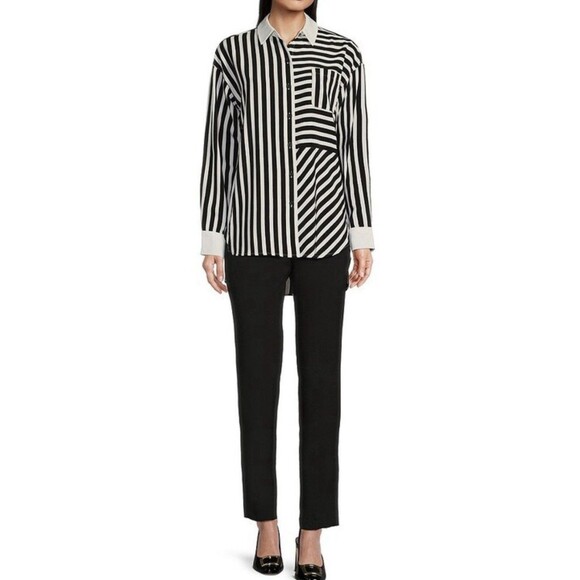 Karl Lagerfeld Long Sleeve Blouse Black White Striped Large Women Shirt - Picture 4 of 8